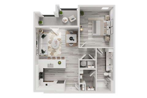 Floor plan for 1 bed, 1 bath, 782 sqft